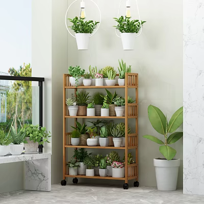 Indoor Garden Decor Featuring Wooden Multi Tiered Shelf With Potted Plants And Hanging White Planters 3d model