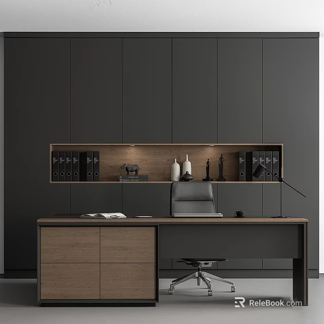 Modern Dark Wood Desk With Shelf Folders Table Lamp And Black Chair 3d model 