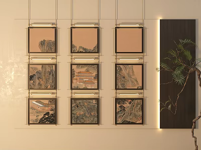 Traditional Chinese Landscape Paintings On Wall With Plant 3d model