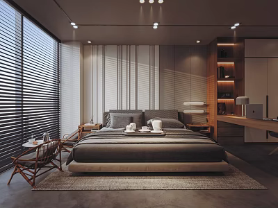 Modern Bedroom Interior Design With Large Bed Window Blinds Desk Bookshelf And Rug 3d model
