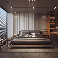 Modern Bedroom Interior Design With Large Bed Window Blinds Desk Bookshelf And Rug