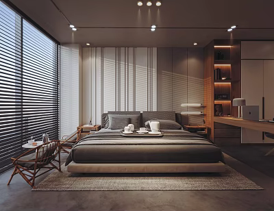 Modern Bedroom Interior Design With Large Bed Window Blinds Desk Bookshelf And Rug 3d model