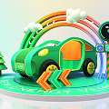 Cartoon Style Green Car With Rainbow Clouds Tree And Traffic Signs On Track