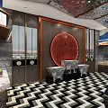Luxurious Restaurant Interior With Blue Columns And Herringbone Floor Design 3d model