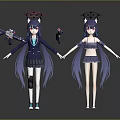 Two Anime Game Characters with Cat Ears Long Purple Hair School Uniform and Bikini