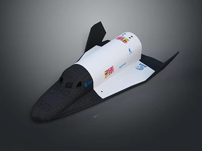 White and Black Space Shuttle Model Featuring Streamlined Design Colorful Logos and Aerodynamic Wings 3d model
