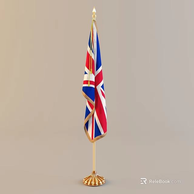 British Union Jack Flag Waving On Gold Pole Against Plain Gray Background 3d model 
