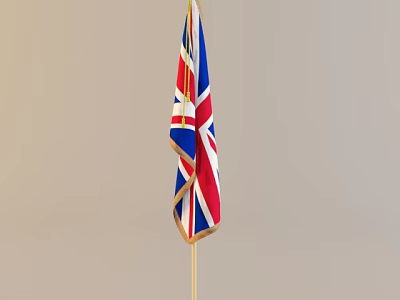 British Union Jack Flag Waving On Gold Pole Against Plain Gray Background 3d model