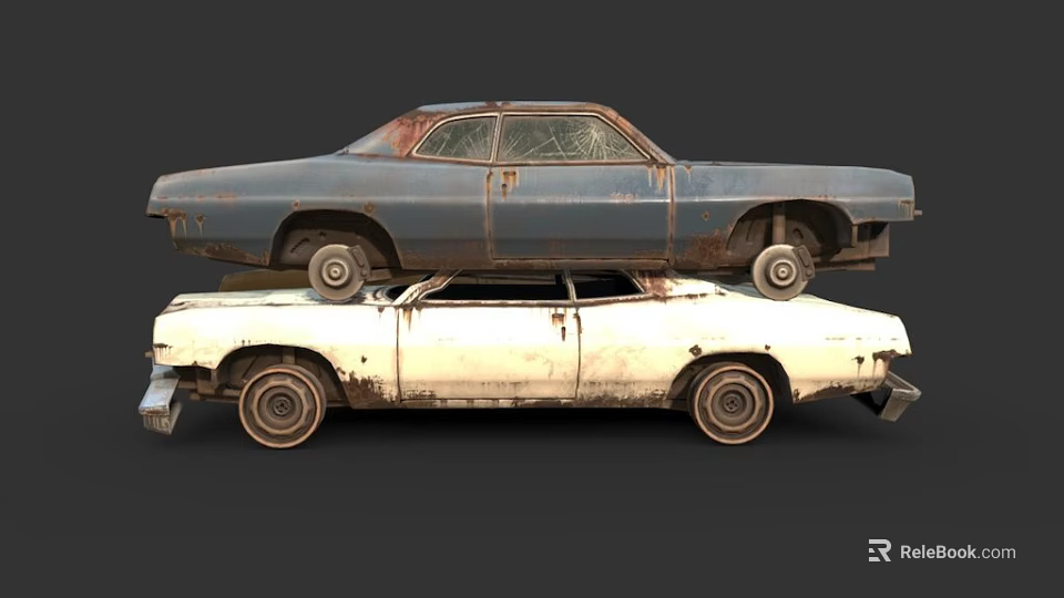 Old Rusty Abandoned Blue And White Cars Stacked On Top Of Each Other 3d model 