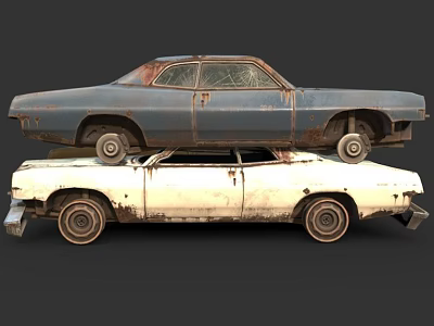 Old Rusty Abandoned Blue And White Cars Stacked On Top Of Each Other 3d model