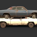 Old Rusty Abandoned Blue And White Cars Stacked On Top Of Each Other