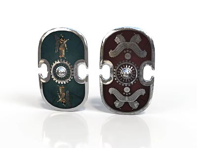 Decorative Shields with Green And Dark Red Backgrounds Featuring Figures Eagle Motifs And Gears 3d model