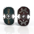 Decorative Shields with Green And Dark Red Backgrounds Featuring Figures Eagle Motifs And Gears