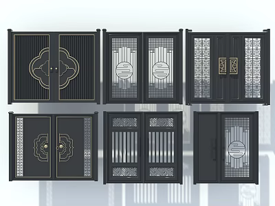 Chinese Style Entrance Doors with Black Gold Carved Patterns and Lattice Designs for Home Exterior 3d model