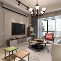 Modern Living and Dining Room Interior With Sofa Coffee Table Chandelier And Green Chairs
