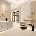 Elegant Modern Hotel Guest Room With Curved Sofa Round Rug And Floor To Ceiling Windows
