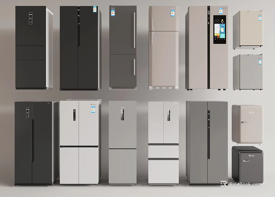 Various Modern Refrigerators and Freezers in Different Styles and Colors 3d model 