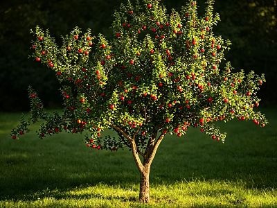 Vibrant Arbor Bearing Red Fruits Green Leaves And Brown Trunk On Grass Under Sunlight 3d model