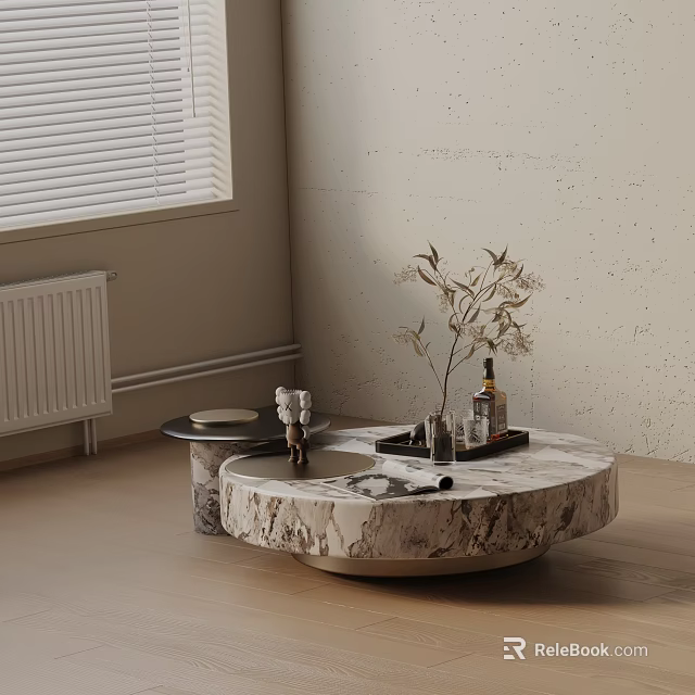 Modern Sofa and Coffee Table Set With Round Marble Top and Decorative Items 3d model 