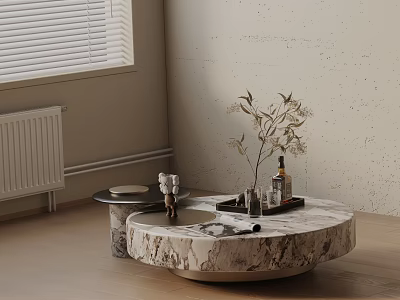 Modern Sofa and Coffee Table Set With Round Marble Top and Decorative Items 3d model