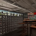 Industrial Style Hot Pot Restaurant Interior With Loft Design Wooden Tables Red Blue Crates