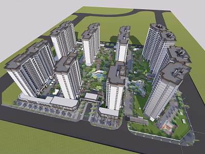 Modern High Rise Residential Complex With Central Green Garden And Landscape Design 3d model