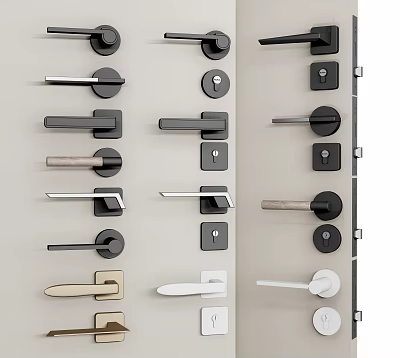 Various Modern Door Handles in Black Gold and White with Metal and Wooden Accents 3d model