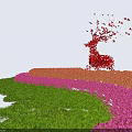Colorful Garden Bushes With Pink Orange Hues And Red Deer Shaped Decoration On Green Lawn