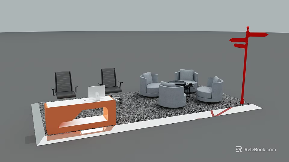 Outdoor Lounge Area With Orange Reception Desk Gray Sofas Round Coffee Table And Red Signpost 3d model 