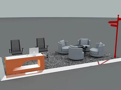 Outdoor Lounge Area With Orange Reception Desk Gray Sofas Round Coffee Table And Red Signpost 3d model