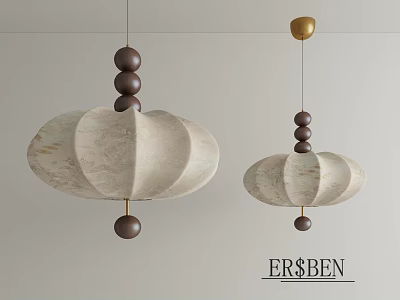 Two Modern Pendant Lights With Round Beige Fabric Shade And Brown Beads Decoration 3d model