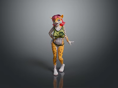 Anthropomorphic Leopard Character With Pink Hair And Leopard Print Outfit Standing On Gray Background 3d model