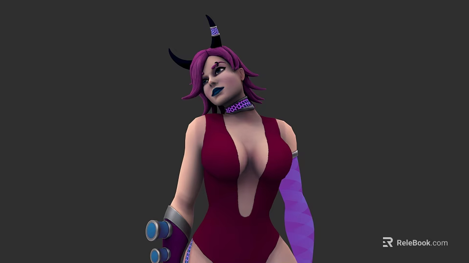 Woman with purple hair black horns in crimson bodysuit purple gloves and choker 3d model 