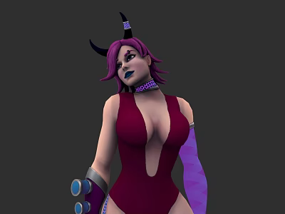 Woman with purple hair black horns in crimson bodysuit purple gloves and choker 3d model