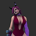 Woman with purple hair black horns in crimson bodysuit purple gloves and choker