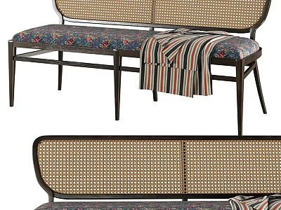 Stylish Multi Seater Sofa With Wicker Backrest Floral Cushion Striped Blanket And Black Metal Frame 3d model