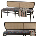 Stylish Multi Seater Sofa With Wicker Backrest Floral Cushion Striped Blanket And Black Metal Frame