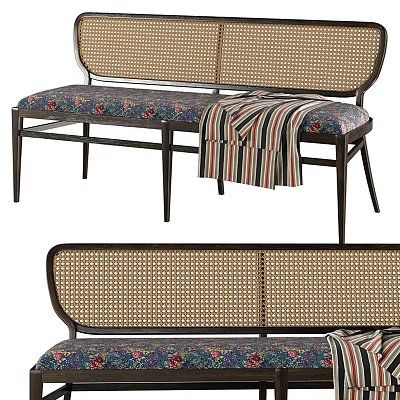 Stylish Multi Seater Sofa With Wicker Backrest Floral Cushion Striped Blanket And Black Metal Frame 3d model