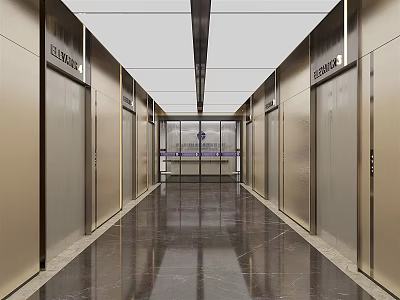 Modern Elevator Lobby With Polished Marble Flooring Flanking Elevator Doors And Bright Ceiling Lights 3d model