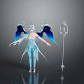Fantasy Horned Character With Blue Wings White Outfit And Long Spear Weapon Design