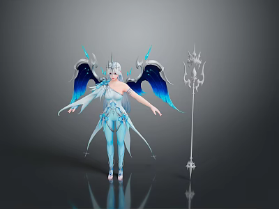 Fantasy Horned Character With Blue Wings White Outfit And Long Spear Weapon Design 3d model