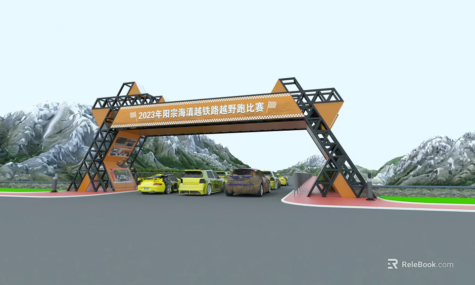 Urban Rail Transit Competition Building Facade with Orange Black Steel Arch and Mountain Background 3d model 