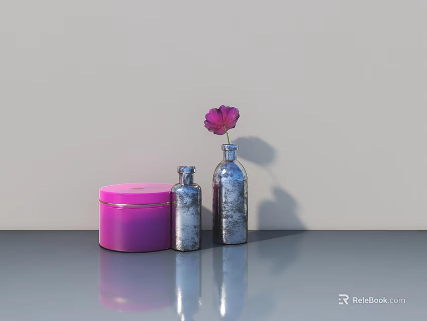 Light Gray Hinged Door With Pink Container Silver Bottles And Pink Flower On Table 3d model 