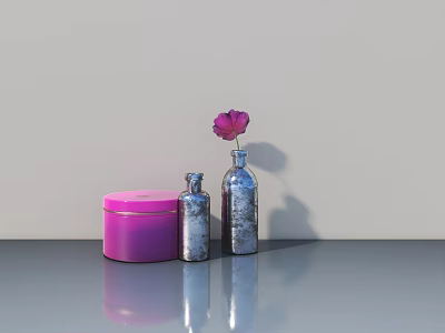 Light Gray Hinged Door With Pink Container Silver Bottles And Pink Flower On Table 3d model