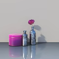 Light Gray Hinged Door With Pink Container Silver Bottles And Pink Flower On Table