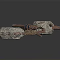 Medieval Crossed Stone Headed Weapons With Wooden Handles And Rope Bindings