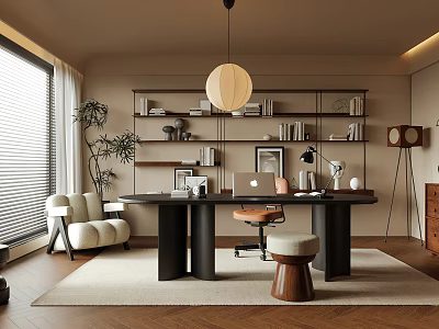 Modern Study Room Interior With Large Window Bookshelves Desk Pendant Light And Floor Plant 3d model