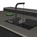 Stainless Steel Kitchen Sink With Black Faucet Running Water And Drying Rack On Gray Countertop