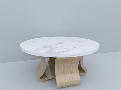 Round Modern Dining Table With White Marble Top And Light Wood Base 3d model