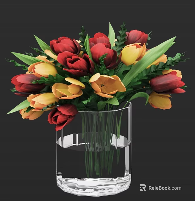 Transparent Glass Vase With Red And Yellow Tulips And Green Leaves 3d model 
